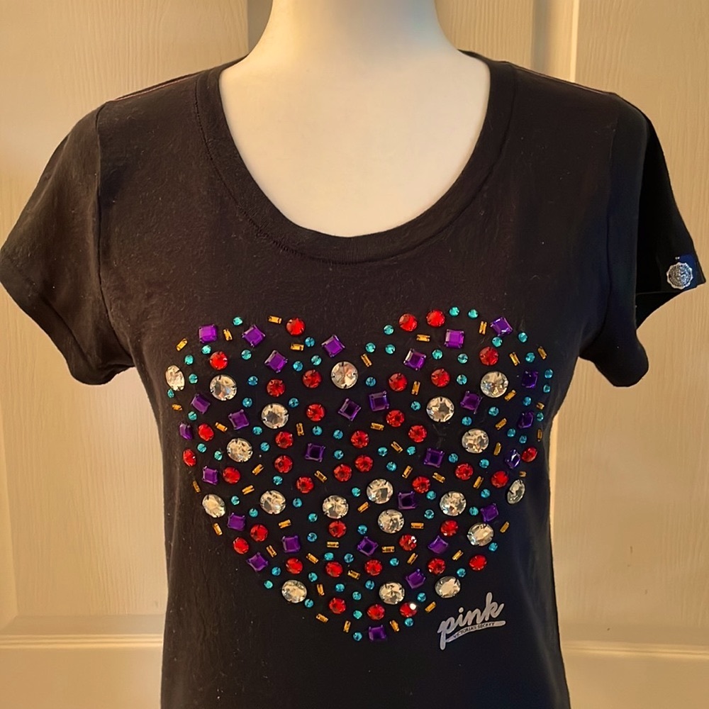 Black T-Shirt with Beaded Multicolor Heart by Designer PINK (Victorias Secret)